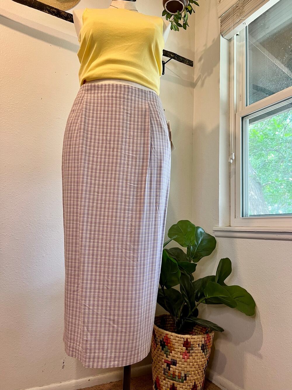 Deadstock 90s Purple Gingham USA Made Rayon Midi Skirt Size 16 Susan Bristol